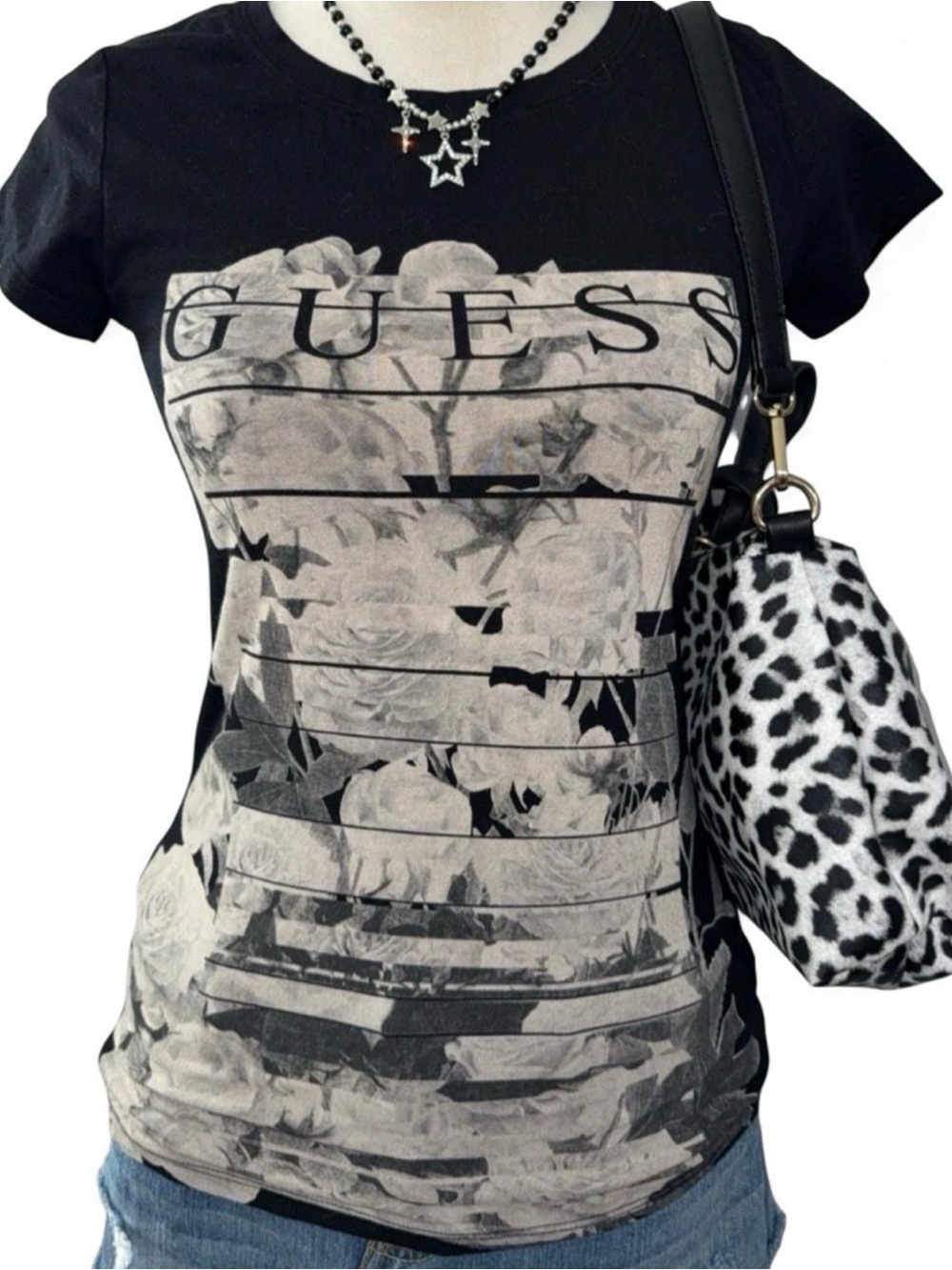 Guess Black and Cream Floral Logo Tee